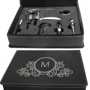 Wholesale Engraved Black/Silver Leatherette Corkscrew Set with 4 tools
