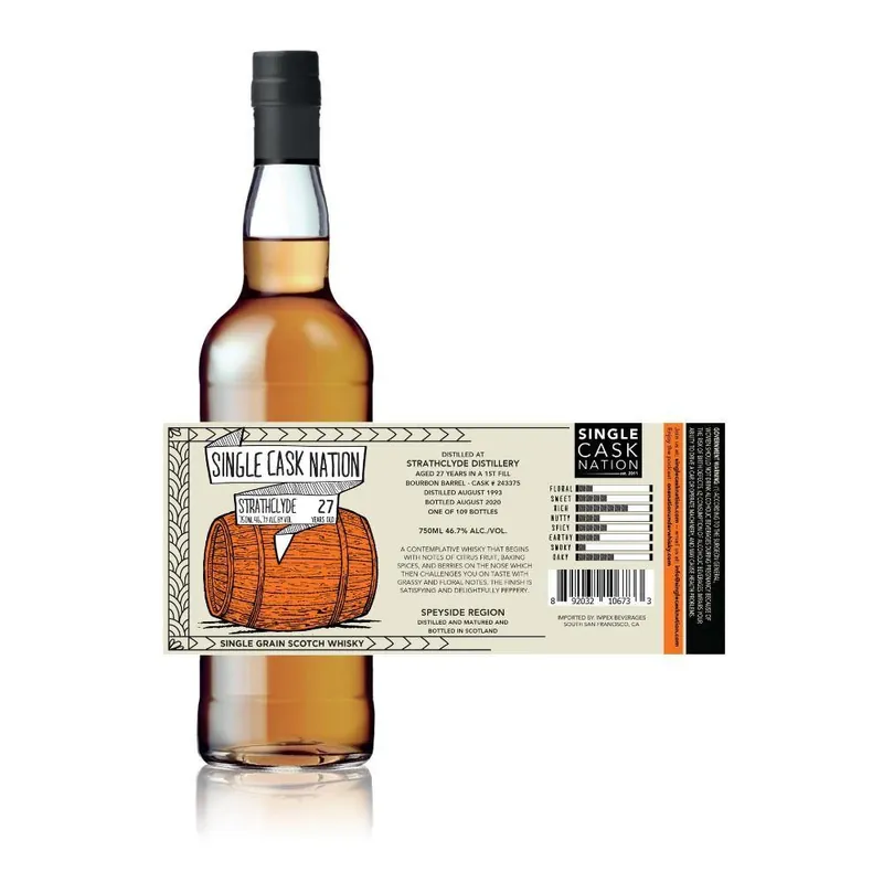 Holiday Sale Single Cask Nation 27 Year Old Strathclyde Distillery 1st Fill Bourbon Barrel Cask # 243375 Single Grain Scotch Whisky