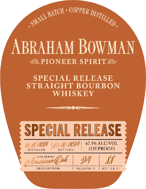 Free Shipping Abraham Bowman Special Release Straight Bourbon Whiskey - American Oak Series Batch 24